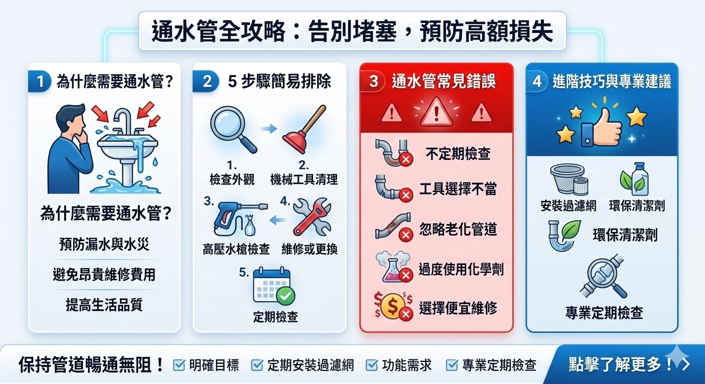通水管是指處理管道堵塞或損壞的維修過程，旨在恢復管道的正常功能，確保水流順暢。在家庭、辦公室或商業場所中，水管堵塞是常見的問題，若不及時處理，可能會導致水災、設備損壞及高額的維修費用。了解通水管的基本概念和常見維修方法，能幫助您避免這些問題，降低維修成本，並延長管道使用壽命。保持水管暢通對於維護生活品質至關重要。