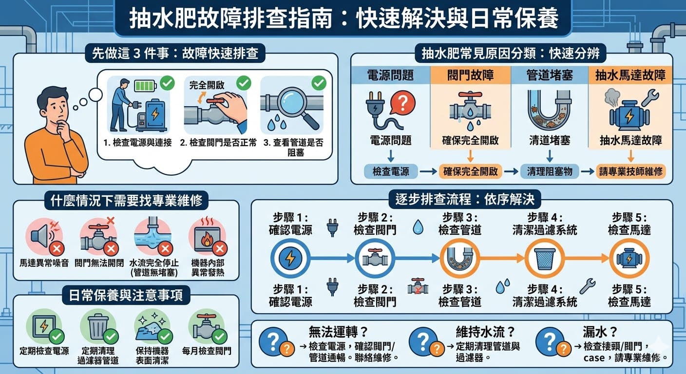 當抽水肥系統發生故障時，往往會造成工作不順或水流異常。本文提供了抽水肥常見故障的排查步驟，從電源問題、閥門故障到管道堵塞等問題進行逐步檢查。了解如何診斷並解決抽水肥的常見問題，幫助使用者及早發現並處理故障，避免機器長期無法正常運作。定期保養和適時維修抽水肥系統，能延長設備壽命並保持其最佳性能。