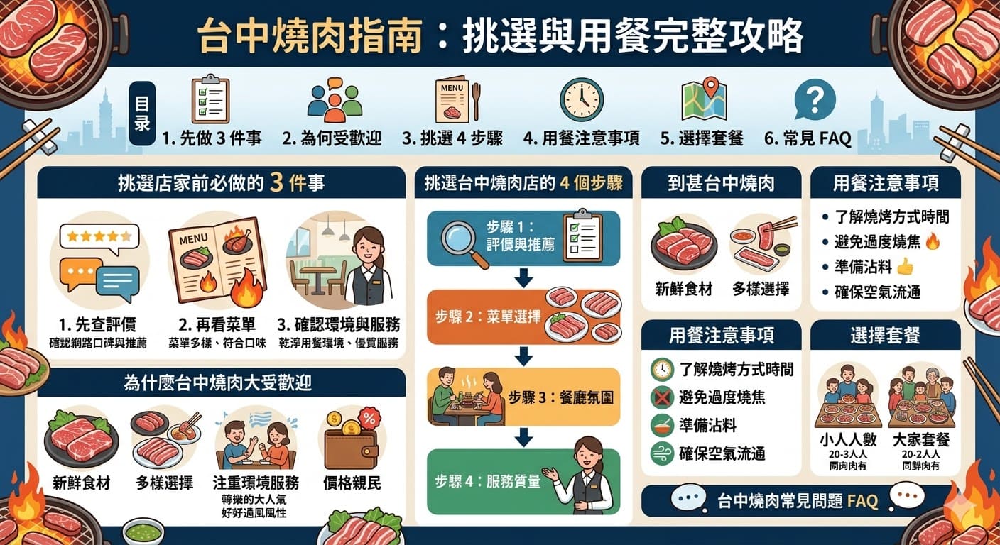 如果你正在尋找台中燒肉店，這篇文章提供了詳細的挑選指南。無論你是燒肉新手還是資深食客，都能從中了解如何選擇適合自己需求的台中燒肉店。我們介紹了台中燒肉店大受歡迎的原因，並提供了選擇店家的幾個重要步驟，包括評價、菜單、服務與用餐環境等方面，幫助你找到最合適的燒肉餐廳。